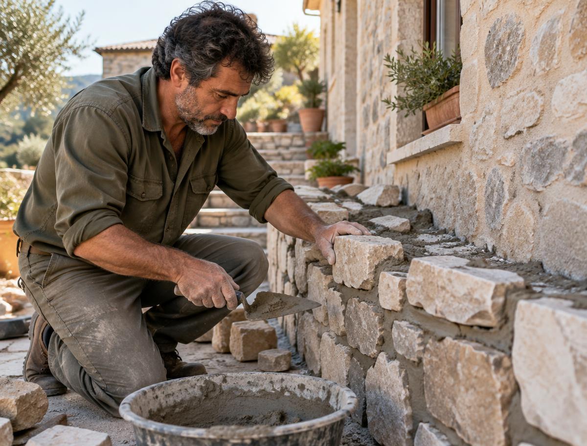 Artigiano durante un lavoro di muratura in pietra